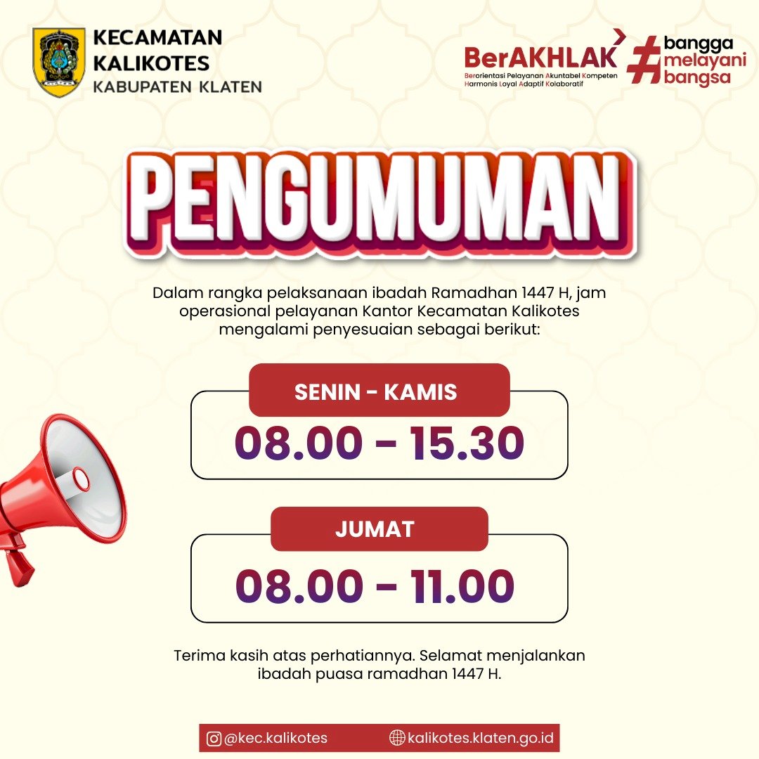 Jam Pelayanan Kantor Kecamatan Kalikotes Selama Bulan Ramadhan