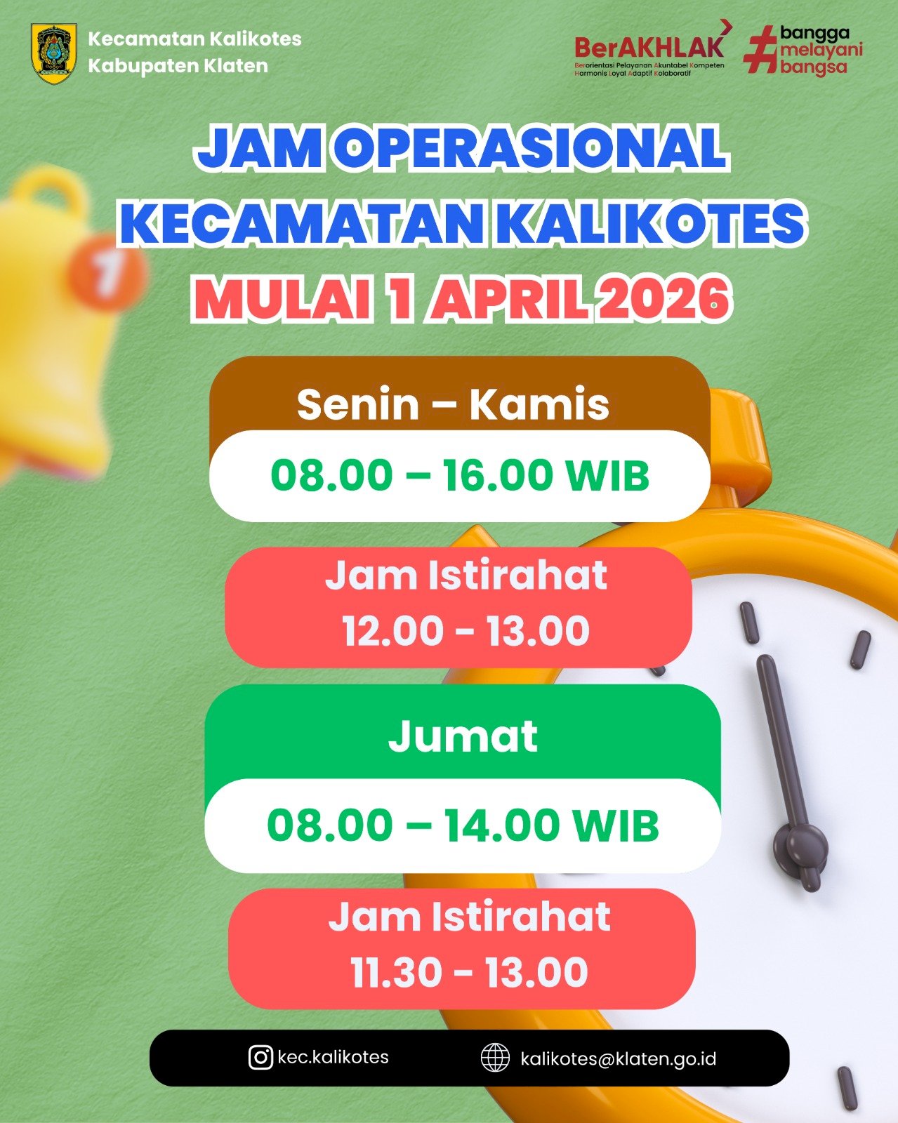 Jam Operasional Kecamatan Kalikotes Mulai 1 April 2026