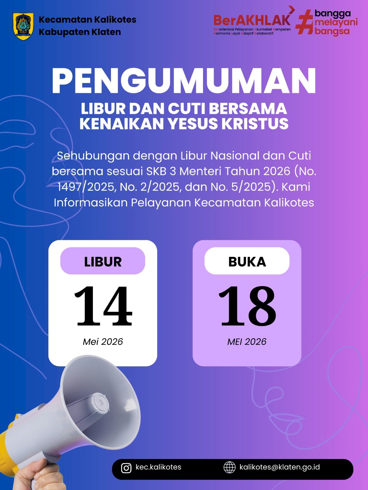 Pengumuman Libur dan Cuti Bersama Kenaikan Yesus Kristus